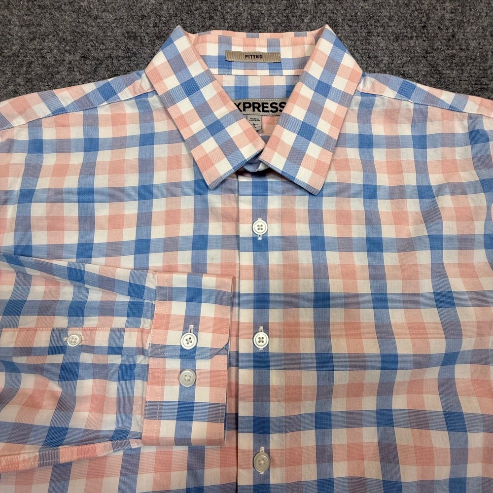 Express Mens Fitted Plaid Button Down Shirt Blue Peach Long Sleeve Large 16-16.5